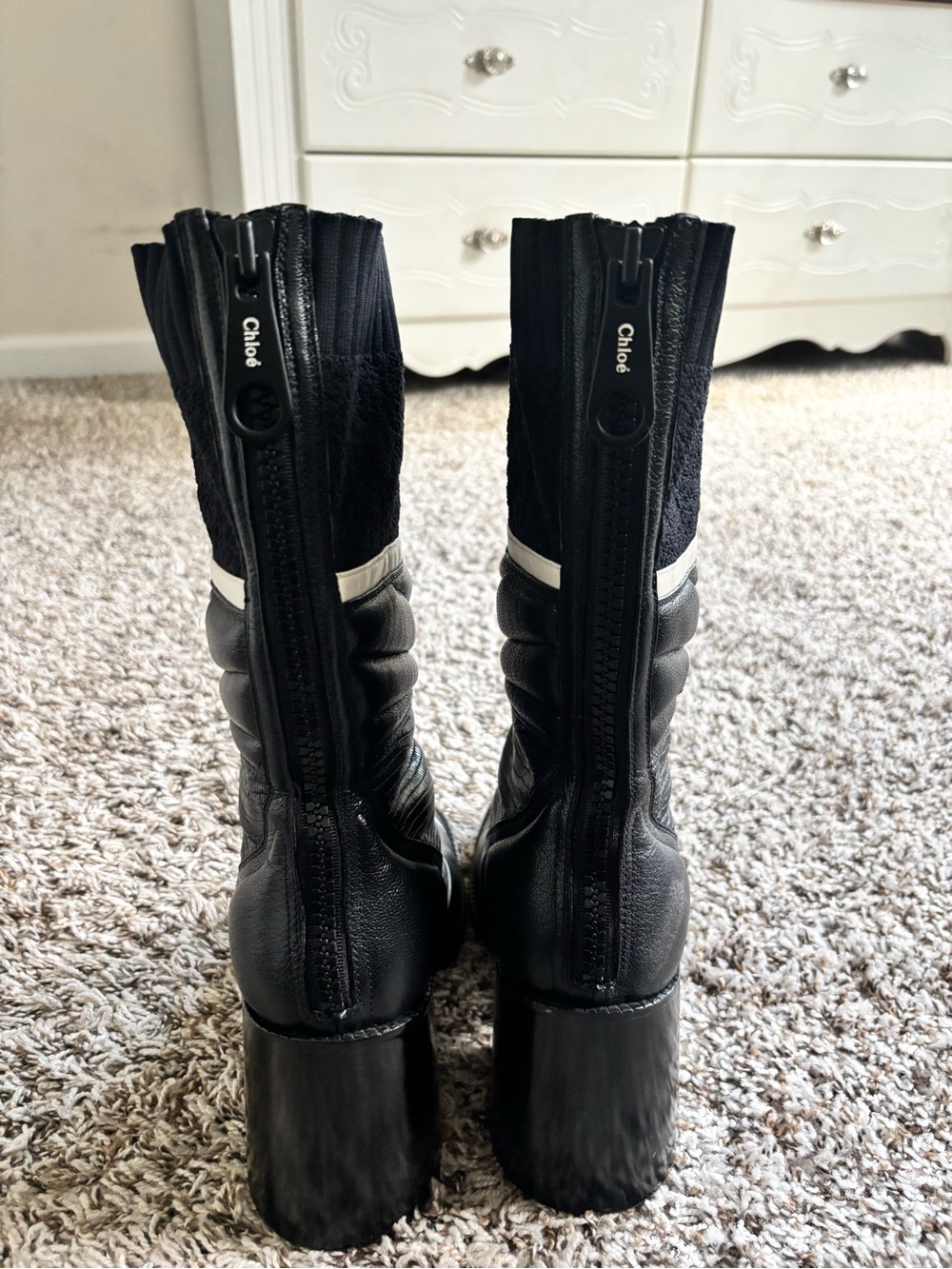Chloe Black Mid-Calf Boots with White Piping - Picture 3 of 4